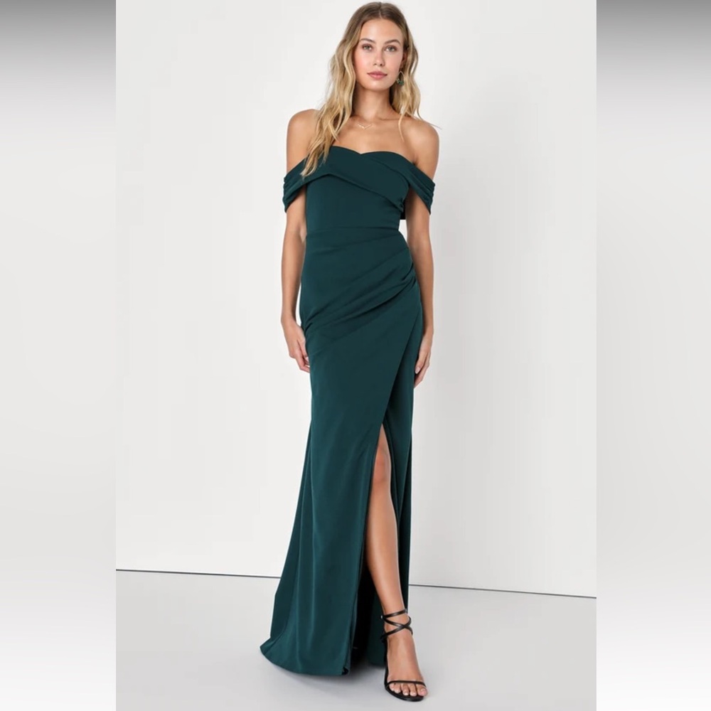 Lulu’s High-Class Presence Emerald Green Off-the-Shoulder Maxi Dress